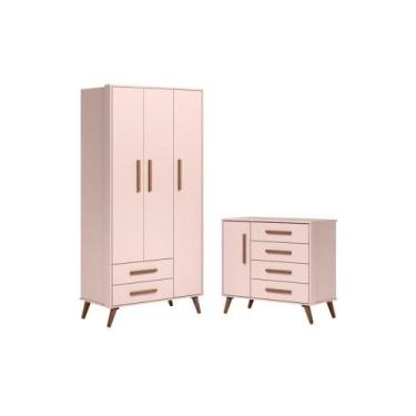 Imagem de Conjunto Quarto Infantil Retro Guarda Roupa e Comoda Chicago Rosa - CA