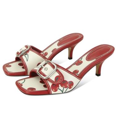Imagem de Dsevht Sandálias pretas de salto agulha salto baixo sem cadarço, sandália mula, quadrada, bico aberto, sapato social feminino, Vermelho cereja, 35