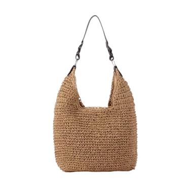 Imagem de Bolsa feminina de palha de praia grande bolsas de verão de palha feitas à mão Boho Hobo Raffia Tote Bags Bolsa de verão 2025, Marrom, Bolsa de palha