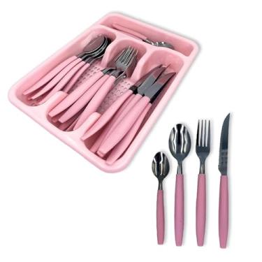 Imagem de Faqueiro Completo Jogo Conjunto de Talheres 25 Peças em Aço Inox com Porta Talher Gaveteiro - Inclui Facas, Garfos, Colheres de Mesa, Colher de Chá (Rosa)