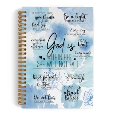 Imagem de QLMX Caderno espiral cristão azul, God Is Within Her She Will Not Cair, cadernos de versículo da Bíblia para trabalho escolar, presentes de material de escritório religioso inspirador, 14 x 21 cm