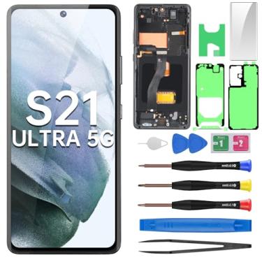 Imagem de BESJMYT Para Samsung Galaxy S21 Ultra 5G tela AMOLED substituição OLED Display Touch digitalizador conjunto completo com moldura preta Phantom e botão lateral kit de ferramentas de reparo de vidro