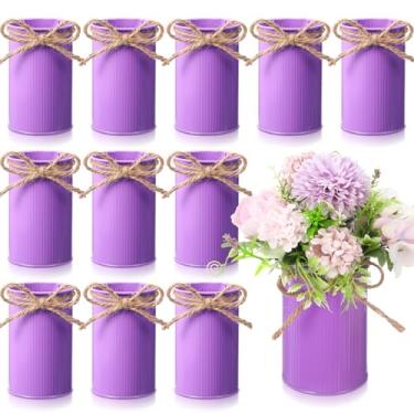 Imagem de Domensi Vaso de fazenda de 11 cm de altura para decoração de vaso de flores vintage com laço de barbante baldes rústicos de metal galvanizado para flores artificiais para mesa de centro de mesa