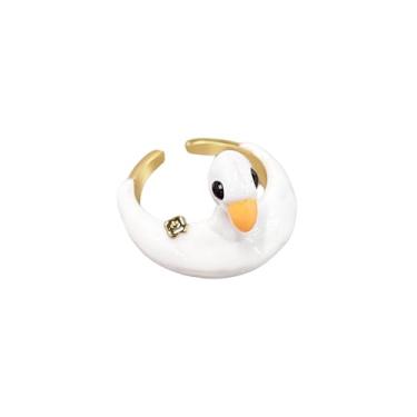 Imagem de NewZenro Lindo anel aberto de esmalte de pato para mulheres, banhado a ouro, engraçado, amarelo/branco, desenho animado, desenho animado, empilhável, anel de dedo com ajuste confortável