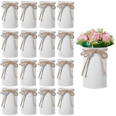 Imagem de 16 peças de vaso de fazenda branco alto, vaso de flores vintage de 11 cm com laço de barbante, vasos de metal galvanizado, balde de flores francesas, vasos rústicos de fazenda para decoração de casa