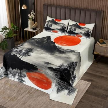 Imagem de Manfei Colcha de sol vermelho, conjunto de colcha de árvore de montanha preta, coberta acolchoada estilo japonês com 1 fronha, decoração de quarto de crianças e adolescentes, colcha de cama de