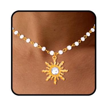 Imagem de Tgirls Colar Boho de contas com pingente de sol de cristal opala hippie sol gargantilha colar de semente colar de contas joias para mulheres, Metal, Cristal