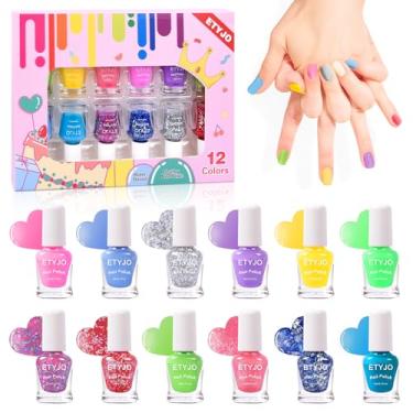 Imagem de ETYJO Esmalte infantil – 12 cores de esmaltes arco-íris, não tóxico à base de água, conjunto de kit de presente para crianças, meninas a partir de 3 anos