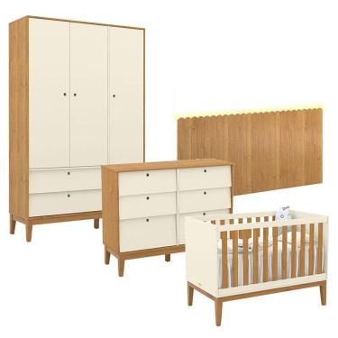 Imagem de Quarto de Bebê Unique 3 Portas com Cômoda 6 Gavetas e Painel Farm com Led Off White Freijó Eco Wood - Matic