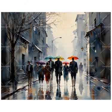 Imagem de Kit de pintura de paisagem urbana por números para adultos - DIY Rainy Street com guarda-chuvas pintura em tela 40 x 50 cm, conjunto de tinta acrílica, adequado para iniciantes, arte para decoração de