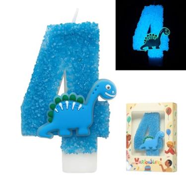 Imagem de Vela de aniversário de dinossauro número 4 que brilha no escuro – Vela de bolo grande com glitter azul de 8 cm para meninos, festa de dinossauro de 4 anos