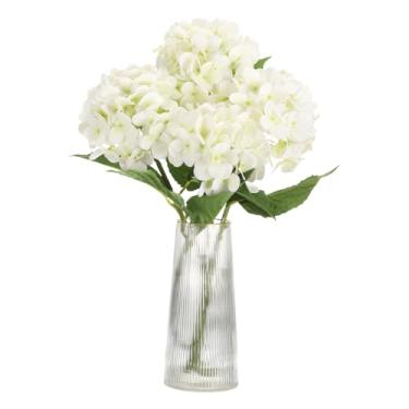Imagem de HARFINGTON 4 peças de flores artificiais de hortênsia 47 cm látex toque real buquês de flores de hortênsia falsas grandes realistas para casa, cozinha, festa, decoração de casamento, branco