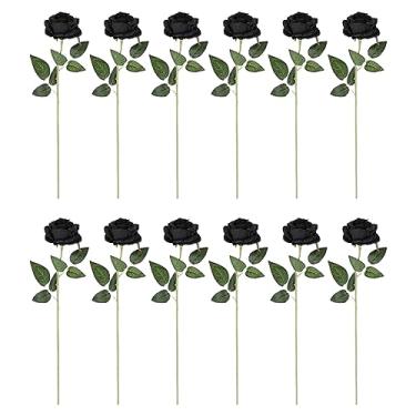Imagem de Rosas negras 12 peças flores artificiais rosas flores de seda haste longa preto artificial para festas em casa decorações ao ar livre ()