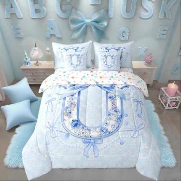 Imagem de Erosebridal Conjunto de edredom solteiro com laço azul, 7 peças, com estampa floral e letra U, coquete exclusivo, cama com laço estético, em uma bolsa, colcha de flores de primavera descolada com