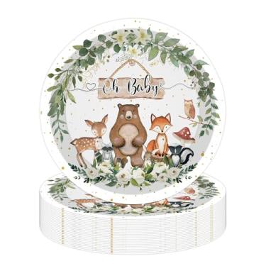 Imagem de 50 peças de pratos de papel para festa de chá de bebê da floresta, 18 cm, descartáveis Oh Baby Bolo, sobremesa, safári, selva, animais selvagens, suprimentos para festa de aniversário, decoração de
