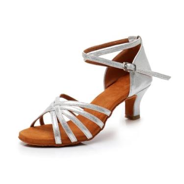 Imagem de MSMAX Tênis feminino de dança de salão para prática em ambientes fechados, sapatos de dança latina para mulheres, Salto prata de 5 cm, 8 Narrow