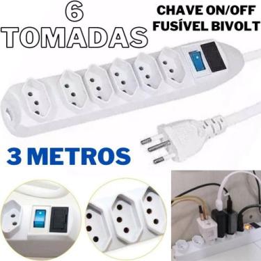 Imagem de Filtro de Linha Régua com 6 Tomadas Universal Extensão Elétrica de 3 M