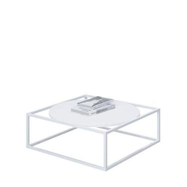 Imagem de Mesa De Centro Sala 84x84x35cm Aço Branco e Madeira Industrial Moon - 