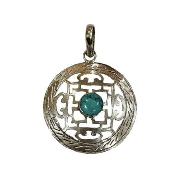 Imagem de Pingente de mandala tibetana feito à mão banhado a prata esterlina 925 com pedra preciosa coral e turquesa, joia espiritual exclusiva para homens e mulheres, 4 cm x 3 cm, Metal não precioso, turquesa
