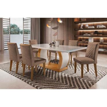 Imagem de Sala de Jantar Completa Jade Tampo Madeirado c/ Vidro Reto 180x90 e 6 Cadeiras Jade Imbuia/Suede Capuccino - Rufato