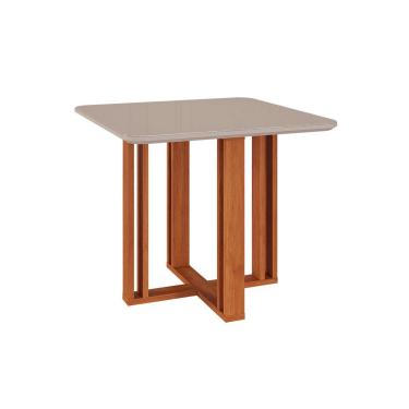 Imagem de Mesa p/ Cozinha Flora c/ Tampo Madeirado c/ Vidro 95x95cm Cinamomo/Off White - Cimol