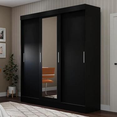 Imagem de Guarda-Roupa Casal com Espelho 3 Portas 2 Gavetas Philip 172 cm - Preto Fosco