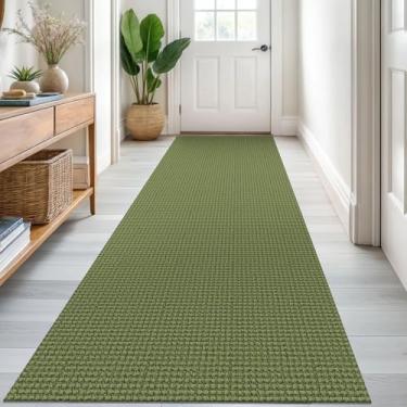 Imagem de KOZYFLY Corredores Boho para corredores 0,9 x 2,4 m Tapete de corredor lavável tapete de cozinha com fundo de borracha verde escuro algodão corredor de entrada tapete interno para hall de entrada de