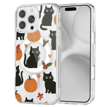 Imagem de OFQKOAKS Capa para iPhone 15 Pro, compatível com MagSafe, linda capa de telefone magnética assustadora de Halloween gato abóbora, capa protetora fina e transparente para iPhone 15 Pro