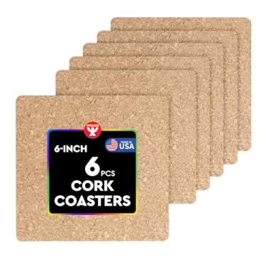 Imagem de Hygloss Produtos Porta-copos de cortiça natural - Quadrado absorvente ecológico para bebidas, trivets e artesanato DIY, 3 mm, 15 cm, conjunto de 6