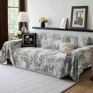 Imagem de MEETSKY Capa de sofá boho para sofá com 3 almofadas, compatível com animais de estimação, lavável abstrata geométrica, capa de sofá secional em forma de L com borla, 231 x 340 cm, cinza escuro