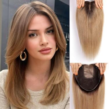 Imagem de HAIRCUBE Toppers de cabelo de 41 cm para mulheres cabelo humano real 23 x 23 cm base grande sem franjas, top peças de cabelo humano para mulheres com queda de cabelo ou cabelo fino (loiro cinza ombre)