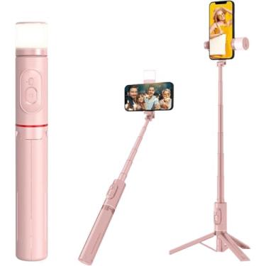 Imagem de Bastão Pau de Selfie Tripé com Iluminação LED e Controle Bluetooth – Suporte Portátil 3 em 1 para Celular, Ajuste de Altura e Rotação 360° (Rosa)