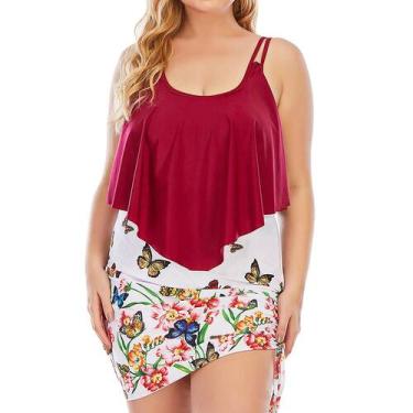 Imagem de Mulheres Plus Size Soild Color Split Swimsuit Biquíni Beachwear Swimwe