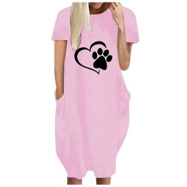 Imagem de Moda Feminina Loose Love Print O-neck Bolsos Casual Vestido de mangas 