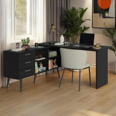 Imagem de Mesa De Estudos Em L 3 Gavetas Preto Lisboa Madesa