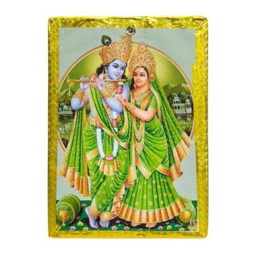 Imagem de Moldura decorativa Radha Krishna para templo doméstico – Pôster vertical de 16 x 12 cm com borda brilhante | Moldura tradicional de deus hindu para sala de Puja, sala de estar e presentes