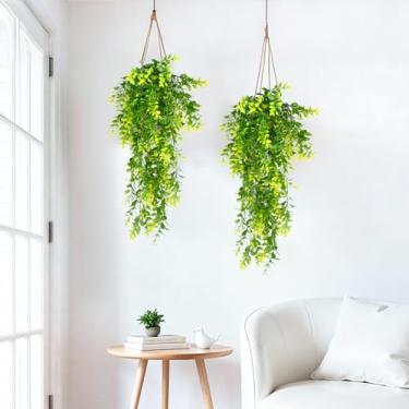 Imagem de RAINFLOW 2 peças de plantas falsas para pendurar – plástico realista, grama, trepadeira, plantas artificiais internas para prateleira, parede, sala de estar, cozinha, varanda, jardim, pátio, casamento