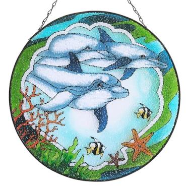 Imagem de POXOHO Vitral pintado à mão para pendurar na janela, painel de vidro para apanhador de sol golfinho de 30 cm com corrente, presente para quarto e sala de estar