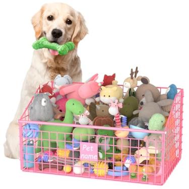 Imagem de Cesta de brinquedo indestrutível para cães, grande caixa de brinquedos para cães, cesto de metal para cães, organizador de brinquedos, caixa de brinquedos para cães para sala de estar (rosa)