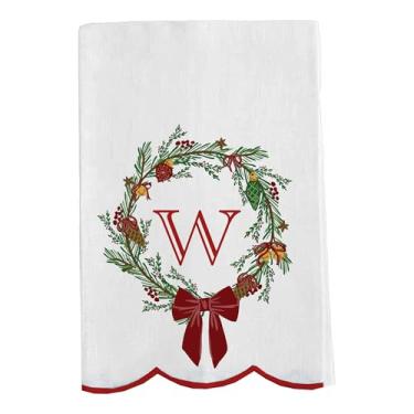 Imagem de Mary Square Monograma de guirlanda de Natal W toalha de chá vermelha e branca 35 x 16,5 todo algodão toalha de mão de cozinha | Decoração de casa festiva e presente