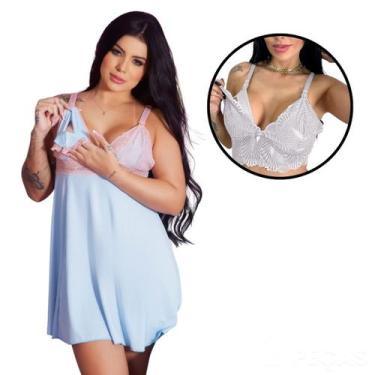 Imagem de Kit Maternidade Camisola Amamentação Sutiã Renda Gestante Confortável 