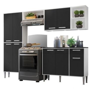 Imagem de Cozinha Compacta C/ 3 Leds 4 Pçs Xangai Multimóveis V3415 Branca/Preta Branco/Preto