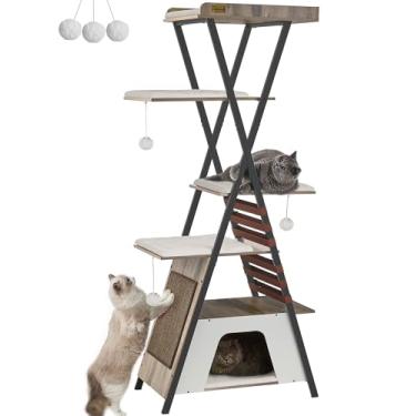 Imagem de FourFurPets Árvore para gatos de 183 cm, torre moderna para gatos internos, condomínio de vários níveis com cavernas, árvore alta para gatos com tábua de arranhar, torre de madeira para gatos com