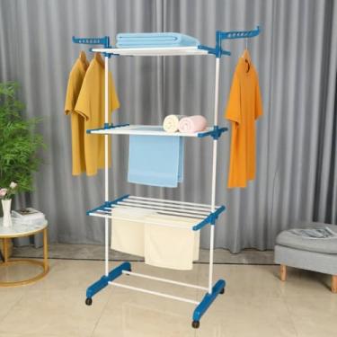 Imagem de Varal De Chão 3 Andares Para Roupas e Calcinhas 4 Rodas Dobrável Reforçado e Portátil(Azul)