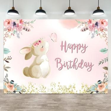 Imagem de ASDCXZ 2,4 x 1,8 m de pano de fundo de aniversário para meninas coelho, fundo fotográfico, borboleta, rosa, primavera, dia da Páscoa, feliz aniversário, decoração de banner para retrato de crianças