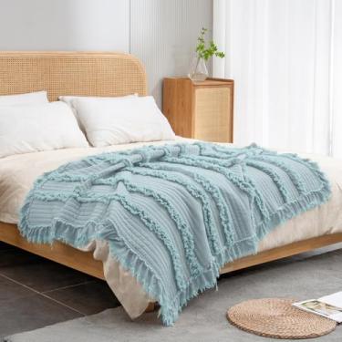 Imagem de Cobertores ultra macios pré-lavados acolchoados boho rosa king size para cama, manta decorativa com franjas de babados, cobertor rústico chique lavado com pedra para sofá-cama, 264 cm x 228 cm