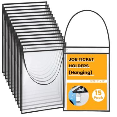 Imagem de PercyEffie Pacote com 15 suportes de bilhetes de trabalho 23,5 x 30,5 cm, bolsos para pedidos de trabalho com alça para pendurar, dupla face, capas plásticas, reutilizáveis, reparos para titulares de