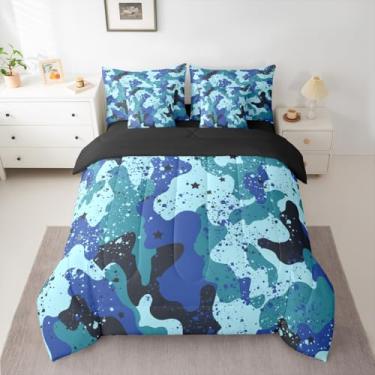 Imagem de jejeloiu Conjunto de edredom camuflado com 7 peças, tamanho casal, camuflagem, exército, estilo colorido, para decoração de quarto de crianças, meninos, meninas, microfibra leve
