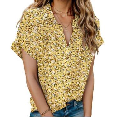 Imagem de Camisa feminina HOTOUCH com estampa floral havaiana com decote em V e 