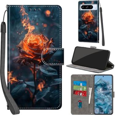 Imagem de Capa carteira para Google Pixel 8 Pro, com [3 compartimentos para cartão], fecho magnético com suporte, capa protetora flip de couro PU à prova de choque 17.0 cm 2023, Burning Roses